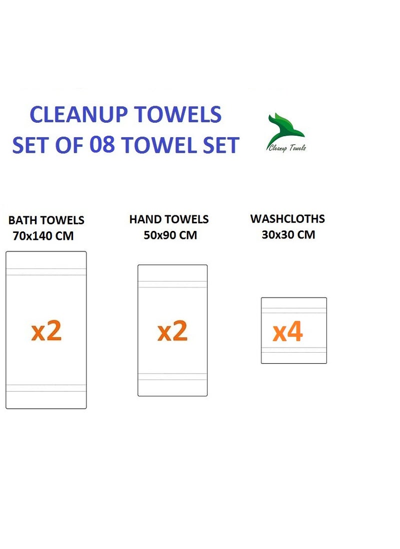 CLEANUP TOWELS - Cleanup Towels Set Of 08. (02 Bath Towels,02 Hand Towels, 04 Face Towels) 600 GSM. 100% Ring Spun Quality. Highly Absorbent, Quick Dry. For Bathroom, Shower, SPA and Hotels. - Image 1