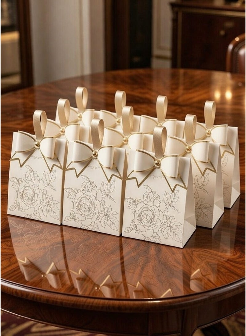 Elegant Ivory & Gold Gift Box With Bow – Pack of 10 – Perfect For Weddings, Anniversaries, And Special Occasions - Image 1