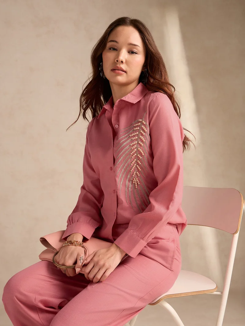 Outzidr  Rust Embellished Coord Set With Oversized Shirt And Wide Leg Trouser for Women | Best Price UAE