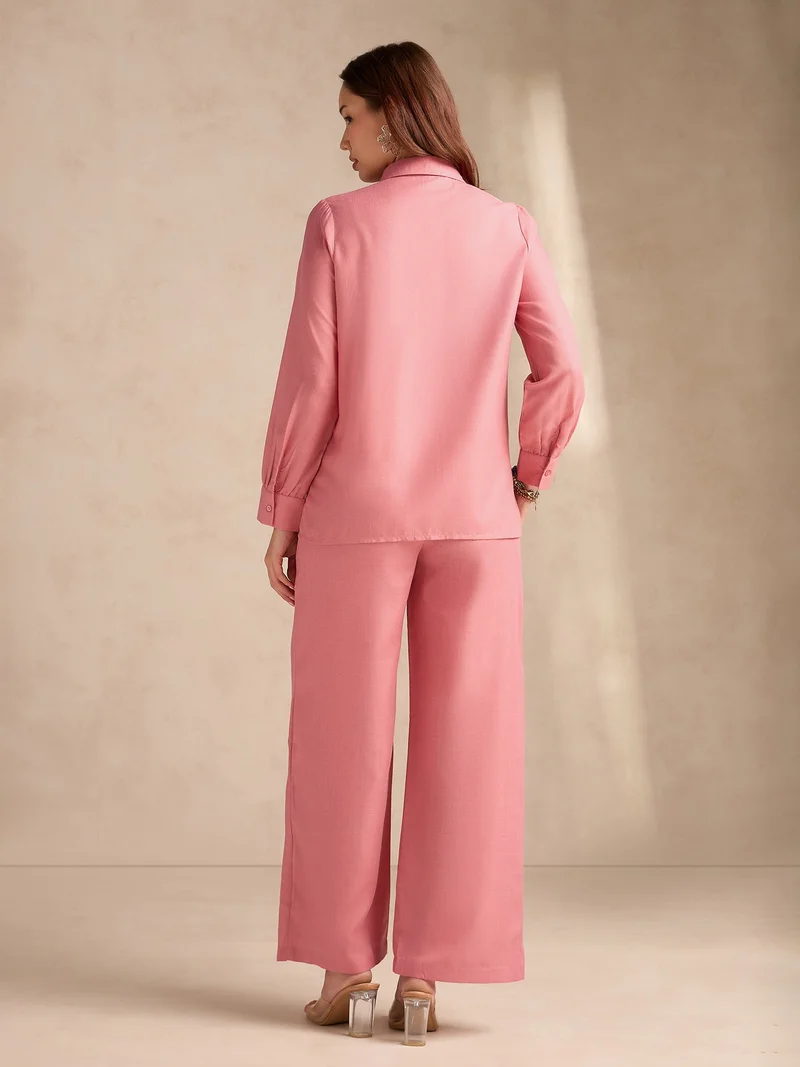 Outzidr  Rust Embellished Coord Set With Oversized Shirt And Wide Leg Trouser for Women | Best Price UAE