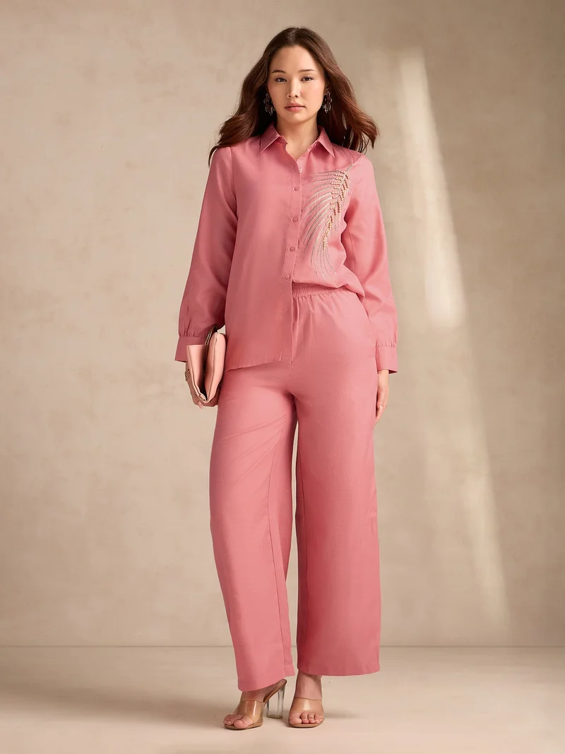 Outzidr  Rust Embellished Coord Set With Oversized Shirt And Wide Leg Trouser for Women | Best Price UAE