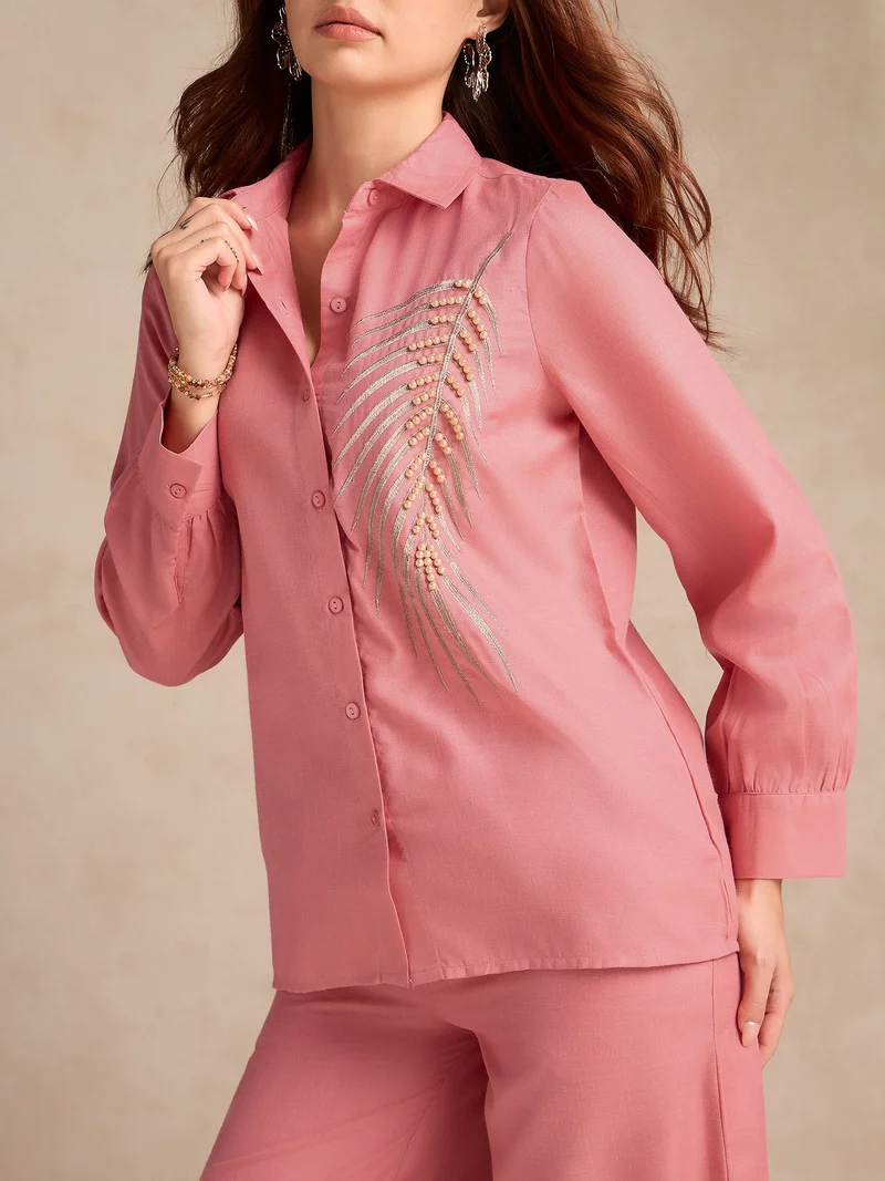 Outzidr  Rust Embellished Coord Set With Oversized Shirt And Wide Leg Trouser for Women | Best Price UAE