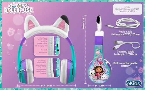eKids Gabbys Dollhouse Wireless Headphones for Kids, Bluetooth Headphones with Microphone Includes Aux Cord, Kids Earphones for School, Home, or Travel, Ideal for Gabby Halloween Costume - Image 3