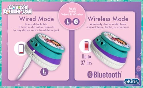 eKids Gabbys Dollhouse Wireless Headphones for Kids, Bluetooth Headphones with Microphone Includes Aux Cord, Kids Earphones for School, Home, or Travel, Ideal for Gabby Halloween Costume - Image 4