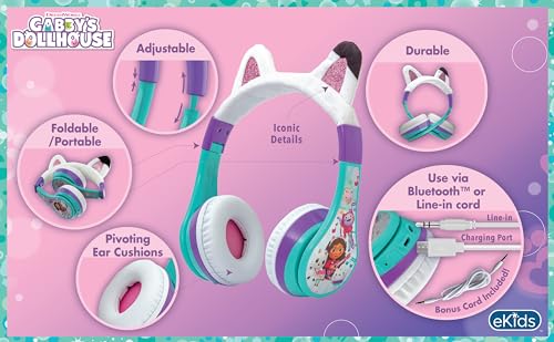 eKids Gabbys Dollhouse Wireless Headphones for Kids, Bluetooth Headphones with Microphone Includes Aux Cord, Kids Earphones for School, Home, or Travel, Ideal for Gabby Halloween Costume - Image 2