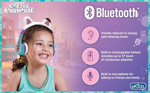 eKids Gabbys Dollhouse Wireless Headphones for Kids, Bluetooth Headphones with Microphone Includes Aux Cord, Kids Earphones for School, Home, or Travel, Ideal for Gabby Halloween Costume - Image 5