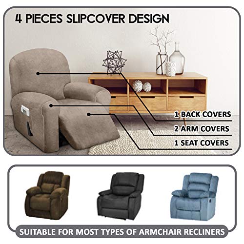 ULTICOR 4-Piece, 1 Seat Recliner Cover, Velvet Stretch Reclining Chair Covers for 1 Cushion Reclining Sofa, Single Seat Recliner Couch Cover, Thick, Very Soft, Machine Washable (Taupe) - Image 2