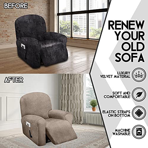 ULTICOR 4-Piece, 1 Seat Recliner Cover, Velvet Stretch Reclining Chair Covers for 1 Cushion Reclining Sofa, Single Seat Recliner Couch Cover, Thick, Very Soft, Machine Washable (Taupe) - Image 5
