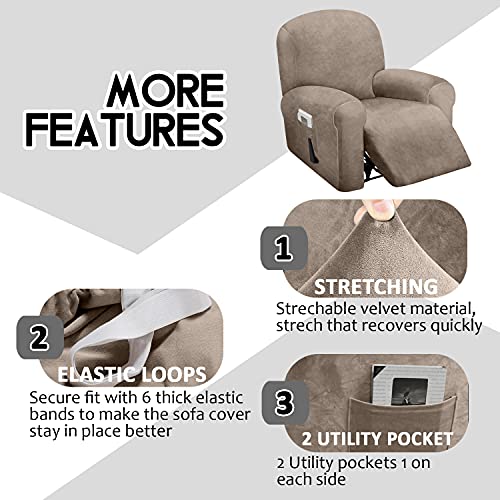 ULTICOR 4-Piece, 1 Seat Recliner Cover, Velvet Stretch Reclining Chair Covers for 1 Cushion Reclining Sofa, Single Seat Recliner Couch Cover, Thick, Very Soft, Machine Washable (Taupe) - Image 4