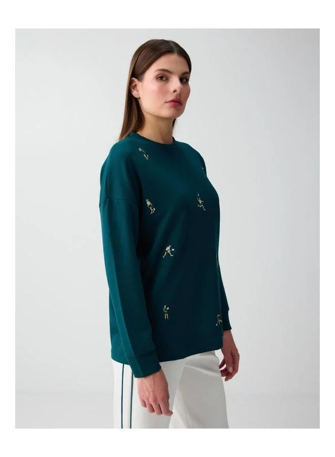 Jimmy Key Dark Green Loose-Fit Long Sleeve Patterned Sweatshirt.