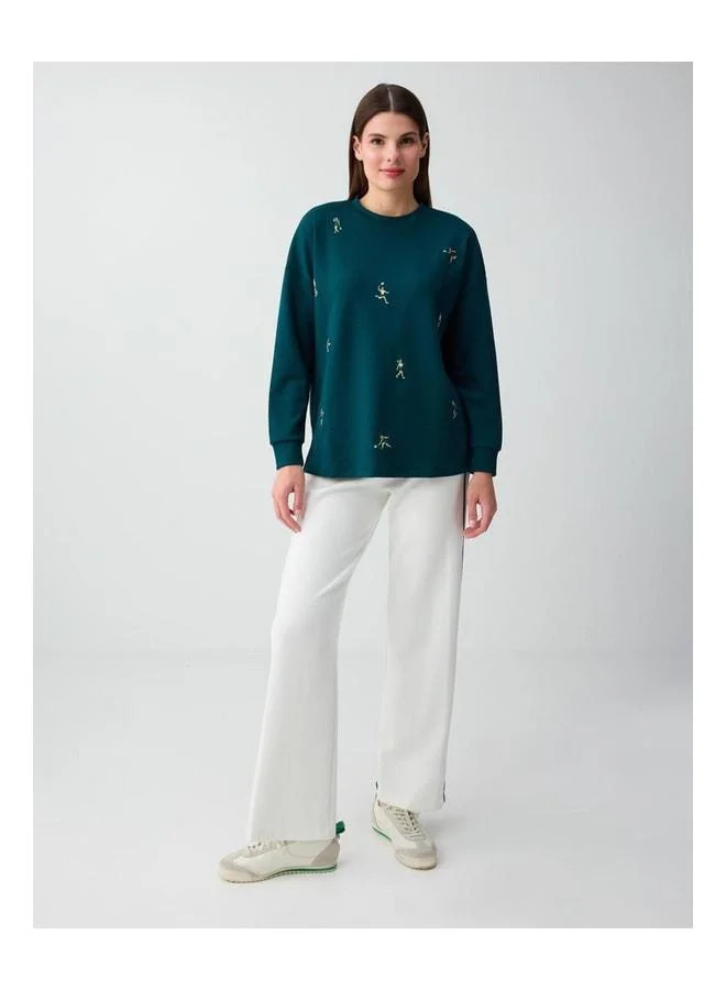 Jimmy Key Dark Green Loose-Fit Long Sleeve Patterned Sweatshirt.