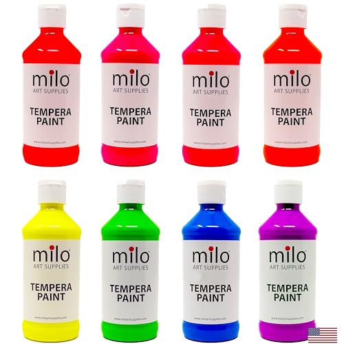 milo Fluorescent Neon Washable Paint for Kids | 8 oz Bottles 8 Colors | Made in the USA | Glows UV in Black Light | Safe & Non-Toxic Tempera Paint for Art & Craft, Poster, Window, for Children, Toddler, Classroom, School - Image 1