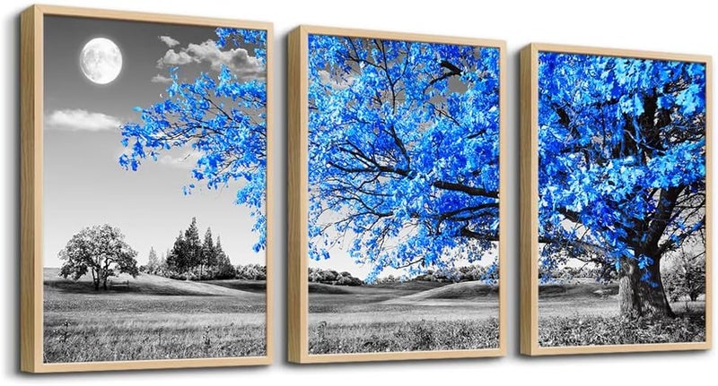 TTHYUEWS 3 Pack Wall Art Prints for Living Room Decor, Blue Trees, Landscape Paintings, 12x16 Inches, Natural Wood Framed - Image 1