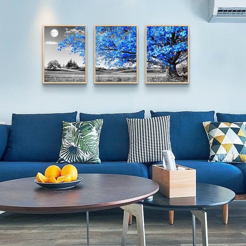 TTHYUEWS 3 Pack Wall Art Prints for Living Room Decor, Blue Trees, Landscape Paintings, 12x16 Inches, Natural Wood Framed - Image 3