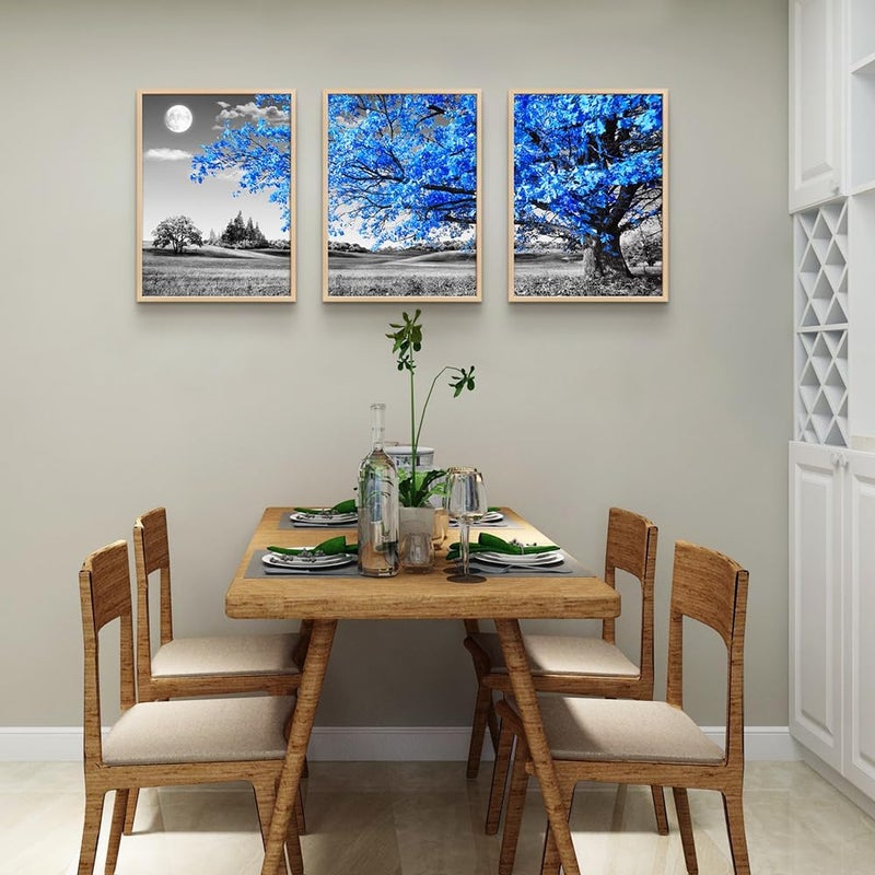 TTHYUEWS 3 Pack Wall Art Prints for Living Room Decor, Blue Trees, Landscape Paintings, 12x16 Inches, Natural Wood Framed - Image 4