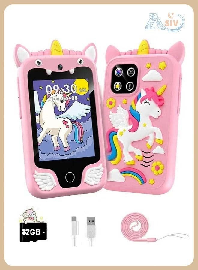 ASIV Kids Smart Phone Toys for Girls and Boys Ages 3-10 Toddler Play Toys with Dual Camera Educational Learning Games Puzzles MP3 Music Player Birthday Gifts for Kids Girls and Boys / Birthday Unicorns Gift Toys for Children 3 4 5 6 7 8 Year Old (Pink / 32GB SD Card) - Image 1
