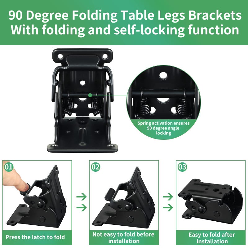 Dluno 4 Pack Folding Brackets 0-90 Degrees Folding Table Legs Brackets Heavy Duty Lock Extension Support Bracket Black Foldable Self-Lock Hinges with Screws for Table Chair Bed Leg Feet-Baking Paint - Image 3