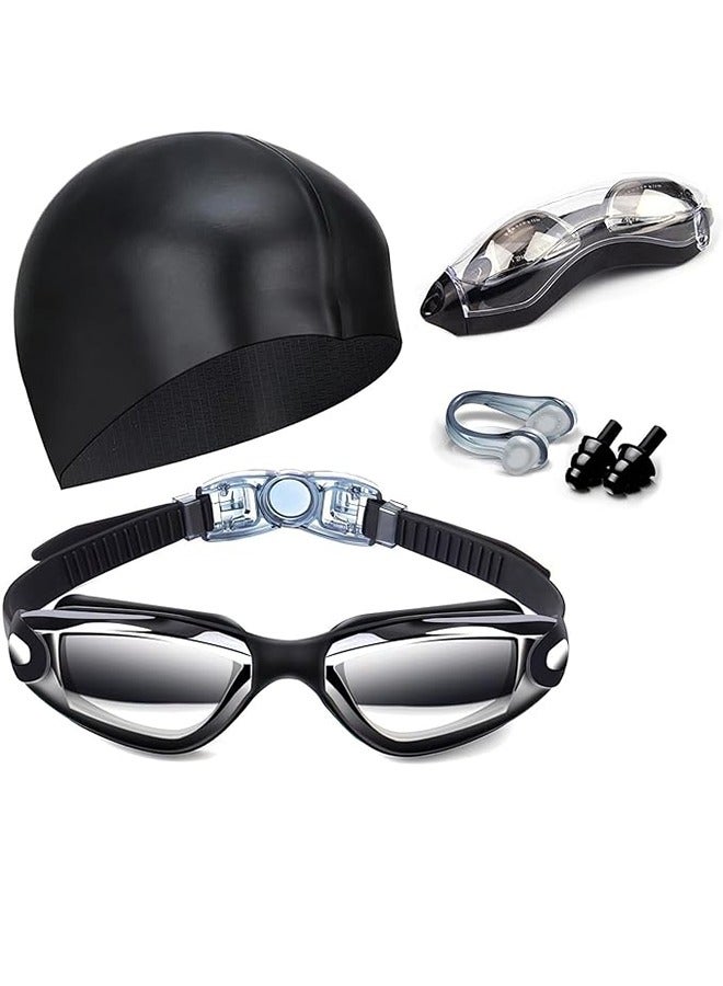 Swimming Goggles And Swimming Cap Set HD Anti-Fog Electroplating Swimming Goggles Swimming Goggles And Swimming Cap Nose Clip Earplugs 4-Piece Set