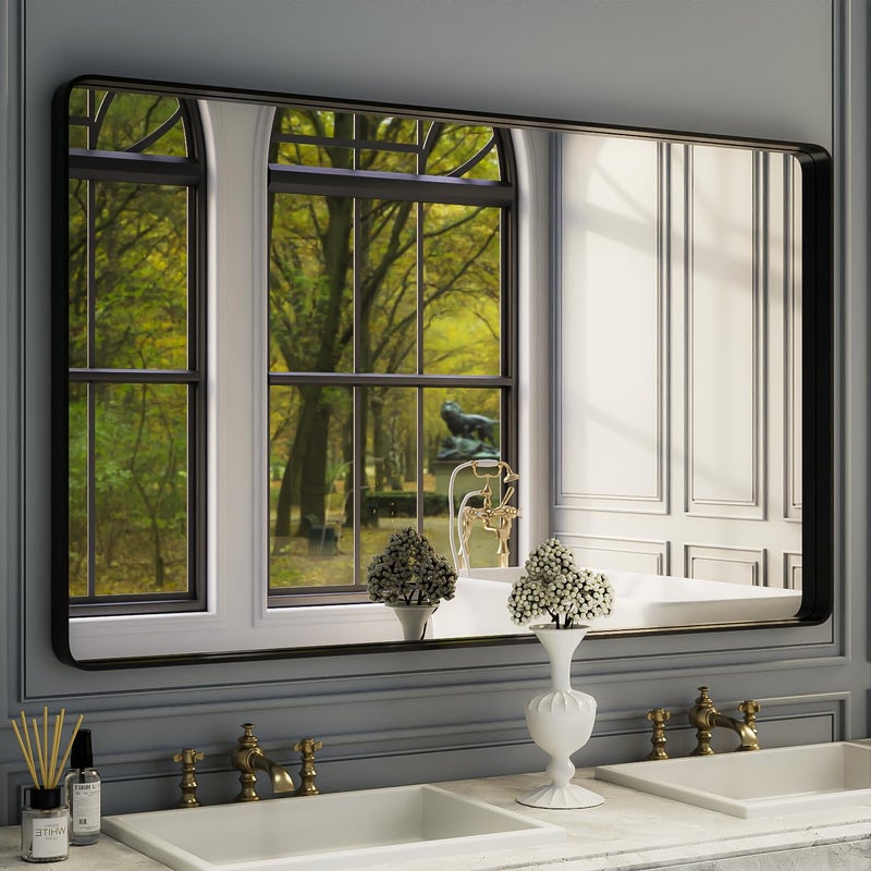 ISKM Large Black Framed Mirror for Bathroom 60 x 36 Wall Mounted Mirror Black Metal Framed Bathroom Mirror for Wall Round Corner Hangs Horizontal Or Vertical