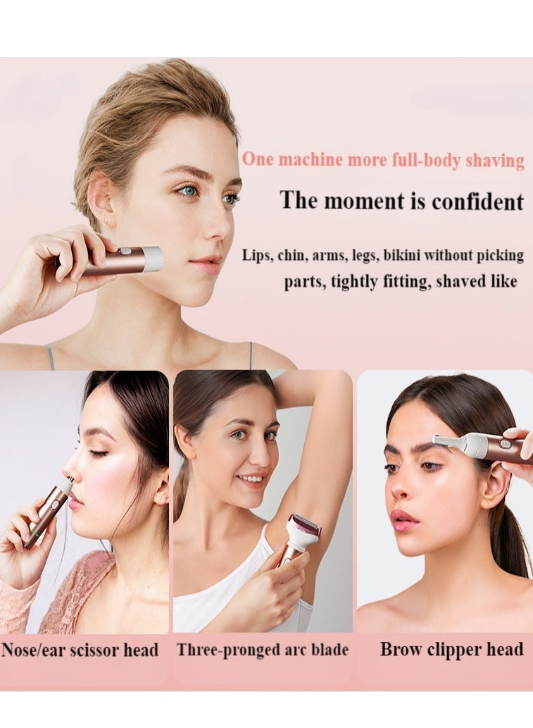 Electric Women's Shaver, 4-in-1 Shaver for Sensitive Areas, Face Legs Nose Underarms, Portable Bikini Trimmer for Wet and Dry Cordless Hair Removal, Removable Head - Khaki - Image 2