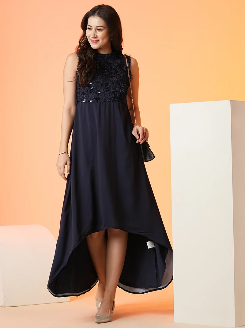 جلو باص Women Georgette Round Neck Sleeveless Fit & Flare Maxi Party Dress