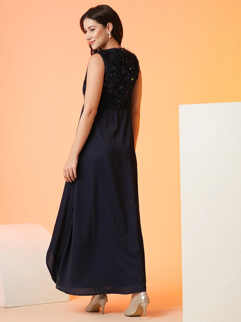 globus Women Georgette Round Neck Sleeveless Fit & Flare Maxi Party Dress