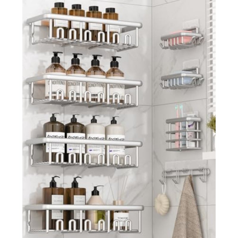 8 Pack Adhesive Rustproof Shower Caddy with Soap Dishes, Toothbrush Holder and Hooks, Large Capacity No-Drilling Shower Shelves Rack for Bathroom Organizers and Storage Accessories