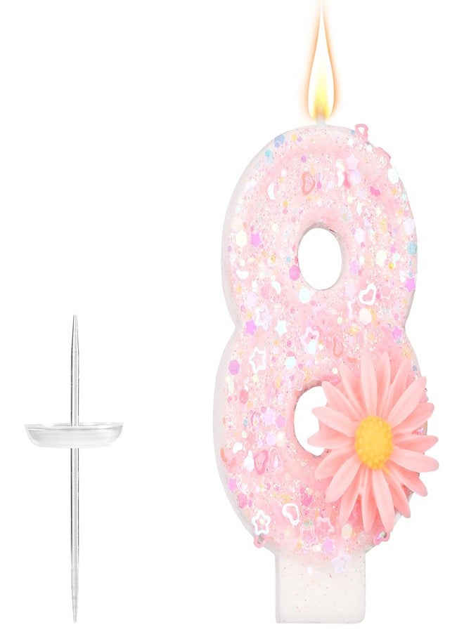 lasuroa Pink Number Birthday Candle, 2.8in Glittery Cute Daisy Flower Sparkling Number Candle Cake Topper Decoration Ideal for Girls Birthday Party Baby Shower & (8) - Image 1