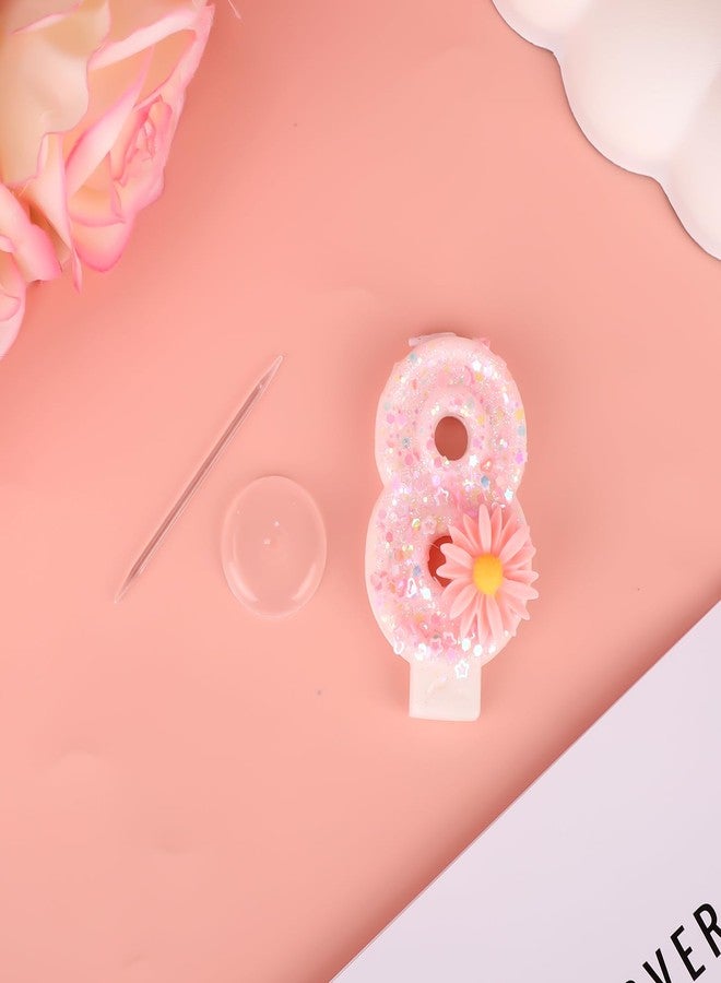 lasuroa Pink Number Birthday Candle, 2.8in Glittery Cute Daisy Flower Sparkling Number Candle Cake Topper Decoration Ideal for Girls Birthday Party Baby Shower & (8) - Image 3