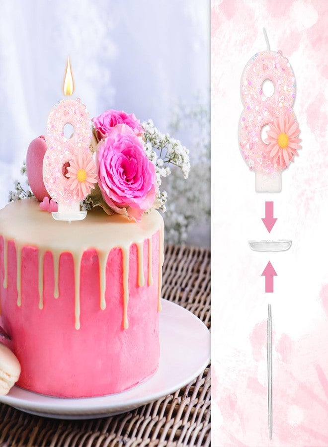 lasuroa Pink Number Birthday Candle, 2.8in Glittery Cute Daisy Flower Sparkling Number Candle Cake Topper Decoration Ideal for Girls Birthday Party Baby Shower & (8) - Image 5