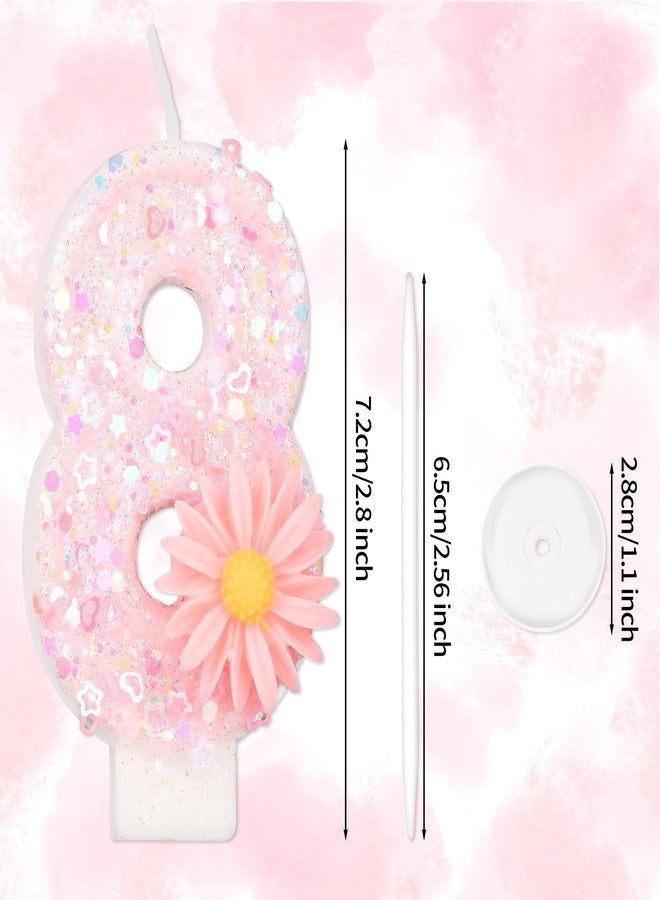 lasuroa Pink Number Birthday Candle, 2.8in Glittery Cute Daisy Flower Sparkling Number Candle Cake Topper Decoration Ideal for Girls Birthday Party Baby Shower & (8) - Image 2