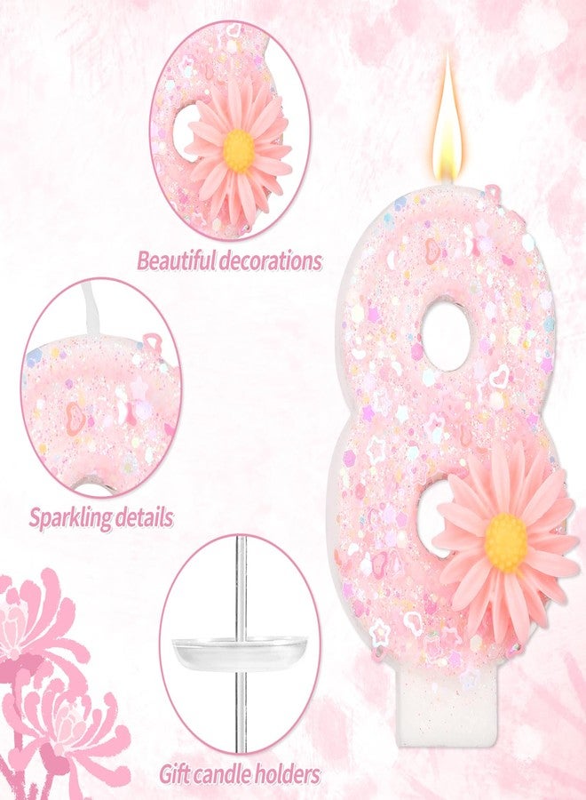 lasuroa Pink Number Birthday Candle, 2.8in Glittery Cute Daisy Flower Sparkling Number Candle Cake Topper Decoration Ideal for Girls Birthday Party Baby Shower & (8) - Image 4