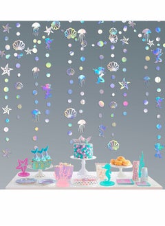 Y&D Iridescent Mermaid Garland with Jellyfish Seashell Starfish Pearl Holographic Paper Streamer for Little Rainbow Theme Birthday Bachelorette Baby Shower Under The Sea Party Decorations 52 Ft  - Image 1