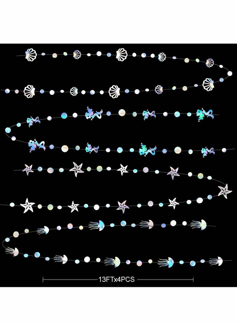 Y&D Iridescent Mermaid Garland with Jellyfish Seashell Starfish Pearl Holographic Paper Streamer for Little Rainbow Theme Birthday Bachelorette Baby Shower Under The Sea Party Decorations 52 Ft  - Image 2