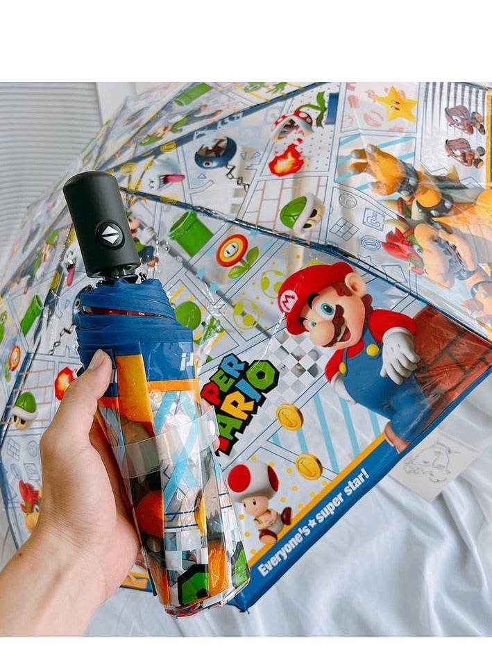 Cartoon Mario pattern transparent automatic umbrella tri-fold umbrella folding umbrella children's umbrella unisex  - Image 1