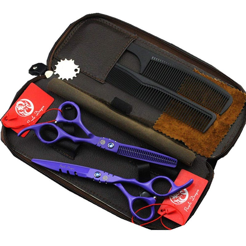 Purple Dragon Professional Japan 440C Hair Salon Cutting Shear and Barber Thinning Scissor Hairdressing Shear Set with Bag - Image 1
