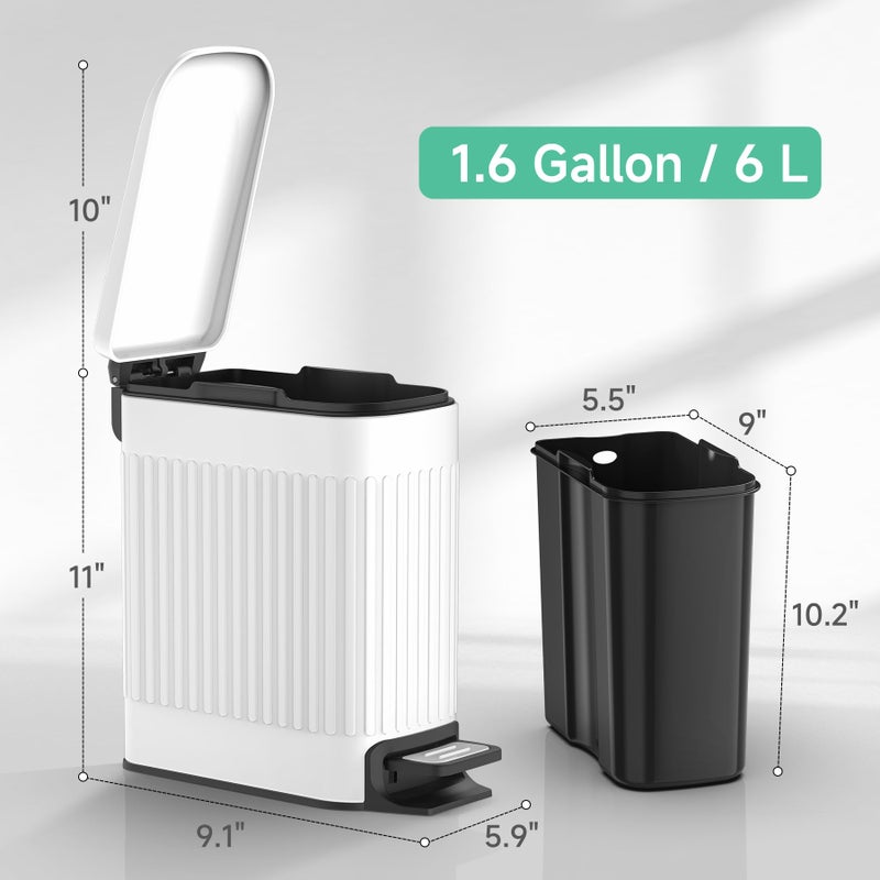 TIPGO Slim Bathroom Trash Can with Lid Soft Close, Step Pedal, 6 Liter / 1.6 Gallon Stainless Steel Trash Bin, Small Garbage Cans for Bedroom, Office, Kitchen (White) - Image 5