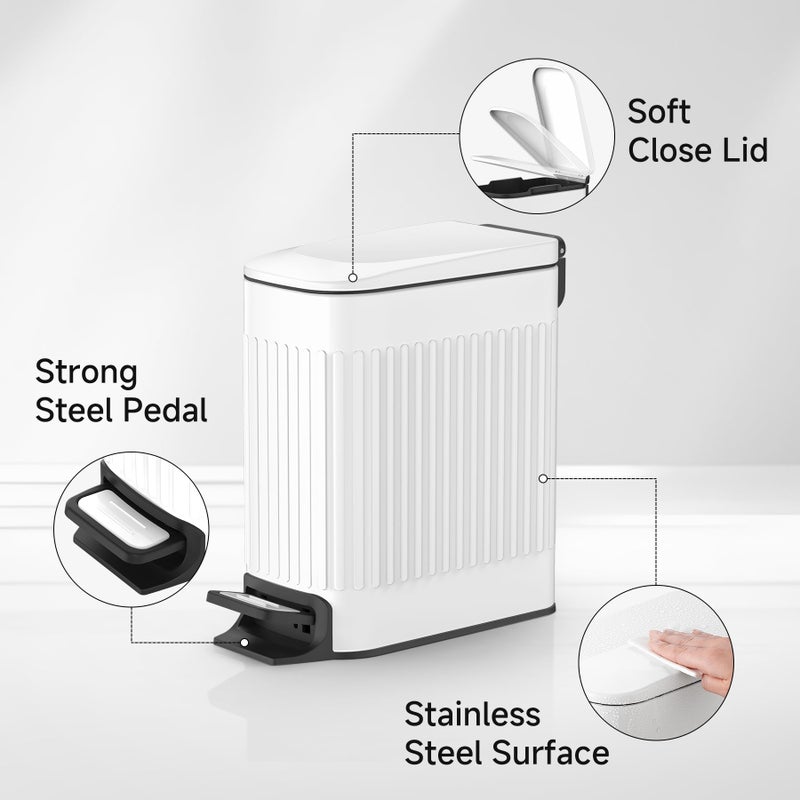 TIPGO Slim Bathroom Trash Can with Lid Soft Close, Step Pedal, 6 Liter / 1.6 Gallon Stainless Steel Trash Bin, Small Garbage Cans for Bedroom, Office, Kitchen (White) - Image 3