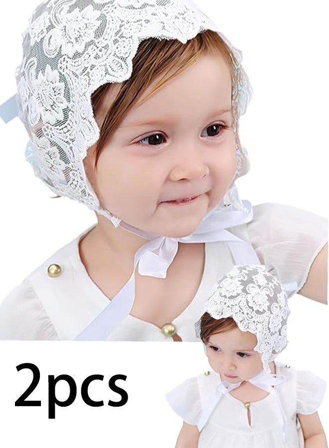 KANGLI 2 PCS Baby Girl Cotton Lace Bonnet, Eyelet Christening Hat  , Handmade Sun Hat with Adjustable Fit and Wide Brim (White) - Image 1