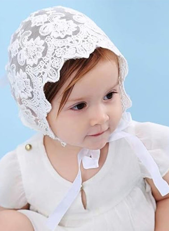 KANGLI 2 PCS Baby Girl Cotton Lace Bonnet, Eyelet Christening Hat  , Handmade Sun Hat with Adjustable Fit and Wide Brim (White) - Image 2