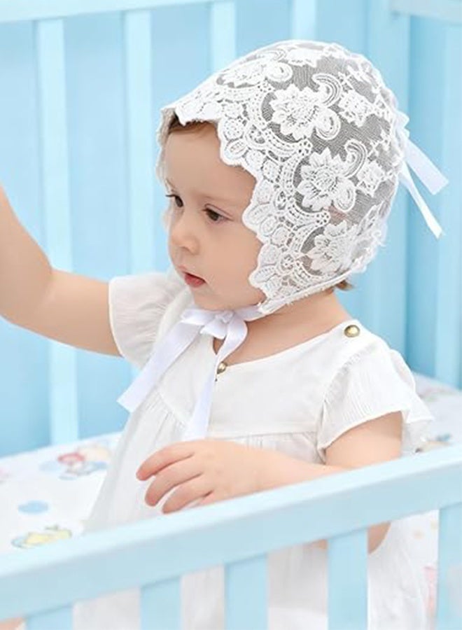 KANGLI 2 PCS Baby Girl Cotton Lace Bonnet, Eyelet Christening Hat  , Handmade Sun Hat with Adjustable Fit and Wide Brim (White) - Image 3
