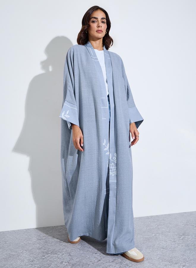 Amirah Light Blue Graphic Embroidered Open Front Abaya - Image 1