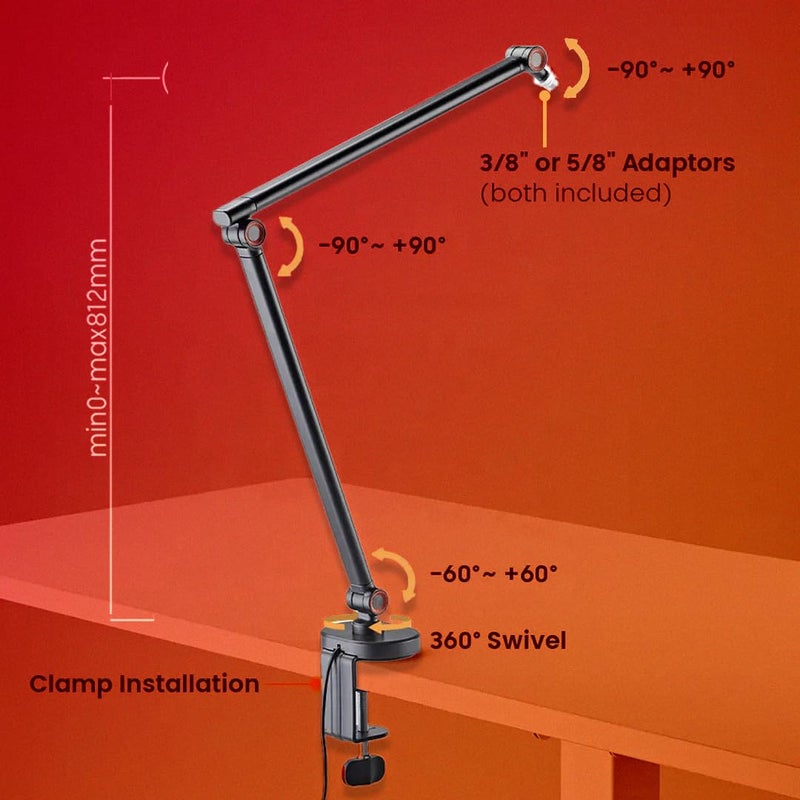 Audio Array AA-20 Microphone Arm Stand | 81cm Reach | Premium light weight & slick design | Flexible height & position adjustments | 1kg Weight Capacity | 5/8" to 3/8" Screw Adapter | Cable Ties - Image 3