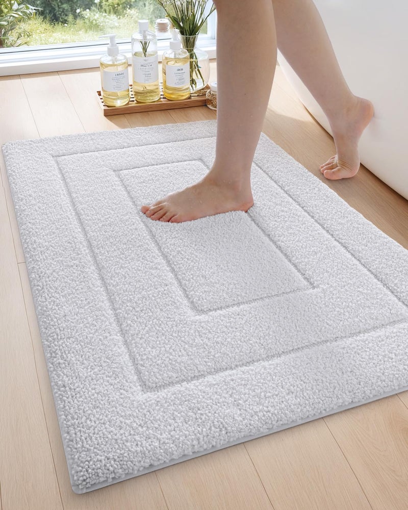 DEXI Bathroom Rug 36x24 Non Slip Washable Bath Mat for Shower Floor Absorbent Soft Bathmat with Rubber Backing Quick Dry Microfiber Carpet White