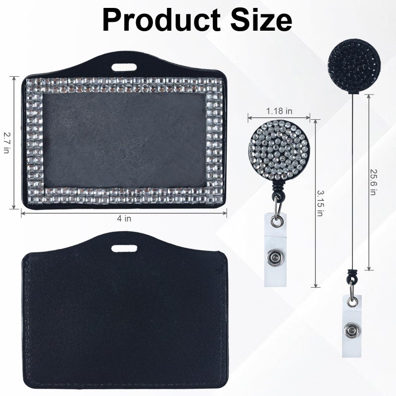 Clofiak 2Pcs Bling Horizontal ID Badge Holder, Retractable Glitter Crystal Neck Lanyard, Rhinestone Name Badges, Portable Work Badges Reel Clip for Office Business Home Black White - Image 2