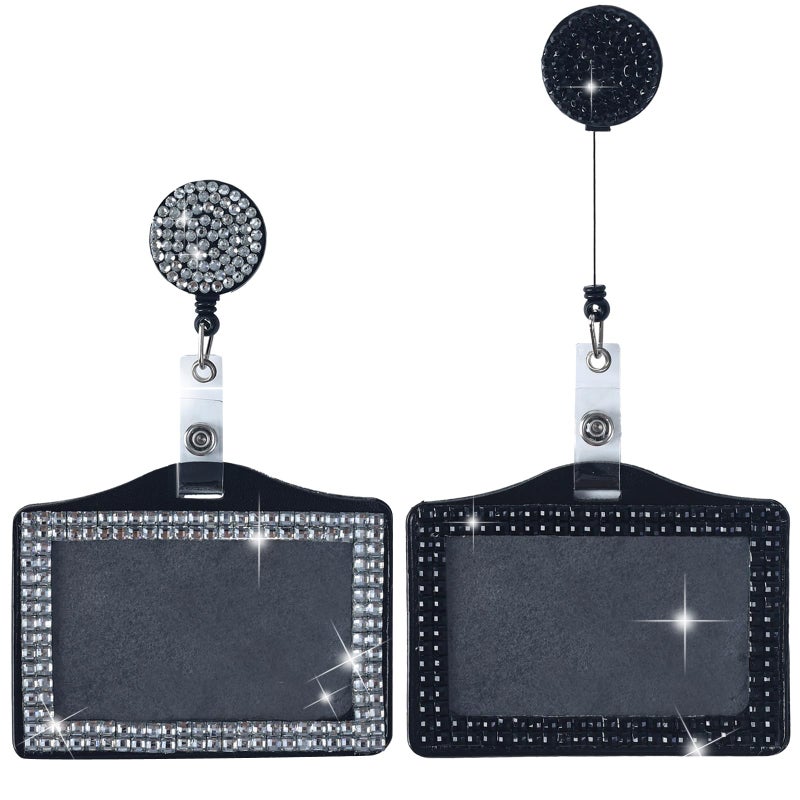Clofiak 2Pcs Bling Horizontal ID Badge Holder, Retractable Glitter Crystal Neck Lanyard, Rhinestone Name Badges, Portable Work Badges Reel Clip for Office Business Home Black White - Image 1