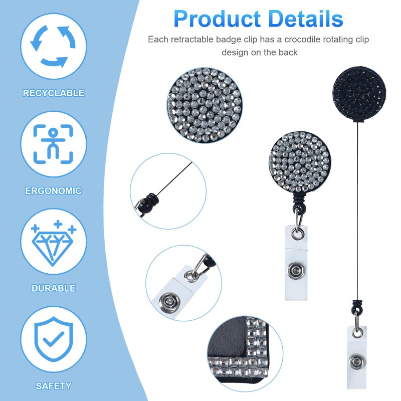 Clofiak 2Pcs Bling Horizontal ID Badge Holder, Retractable Glitter Crystal Neck Lanyard, Rhinestone Name Badges, Portable Work Badges Reel Clip for Office Business Home Black White - Image 3