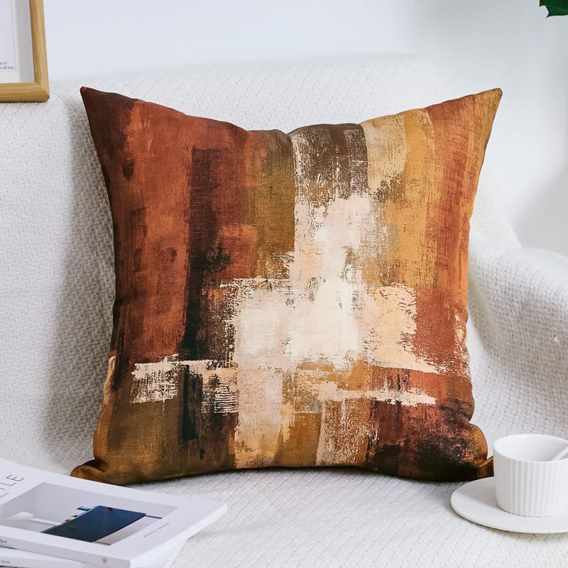Qahing Burnt Orange Abstract Pillow Covers 18x18 Abstract Rust Art Painting Decorative Throw Pillowcase Modern Artwork Square Couch Cushion Cover for Living Room Sofa Accent Home Decor, Set of 2 - Image 4