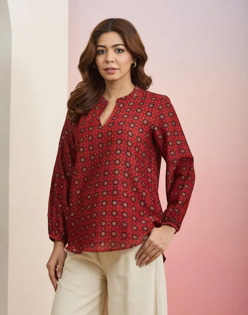 Fabindia  Red Cotton Silk Printed Clara Tunic for Women | Best Price UAE