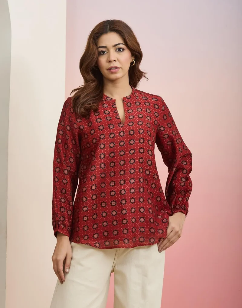 Fabindia  Red Cotton Silk Printed Clara Tunic for Women | Best Price UAE